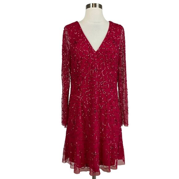 Adrianna Papell Red Sequin Long Sleeve Mini Cocktail Dress Size 10 V-Neck A-Line - Picture 1 of 14